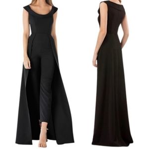 Kay Unger Black Anais Jumpsuit Gown with Overlay Cape Skirt Plus Size Size 16
